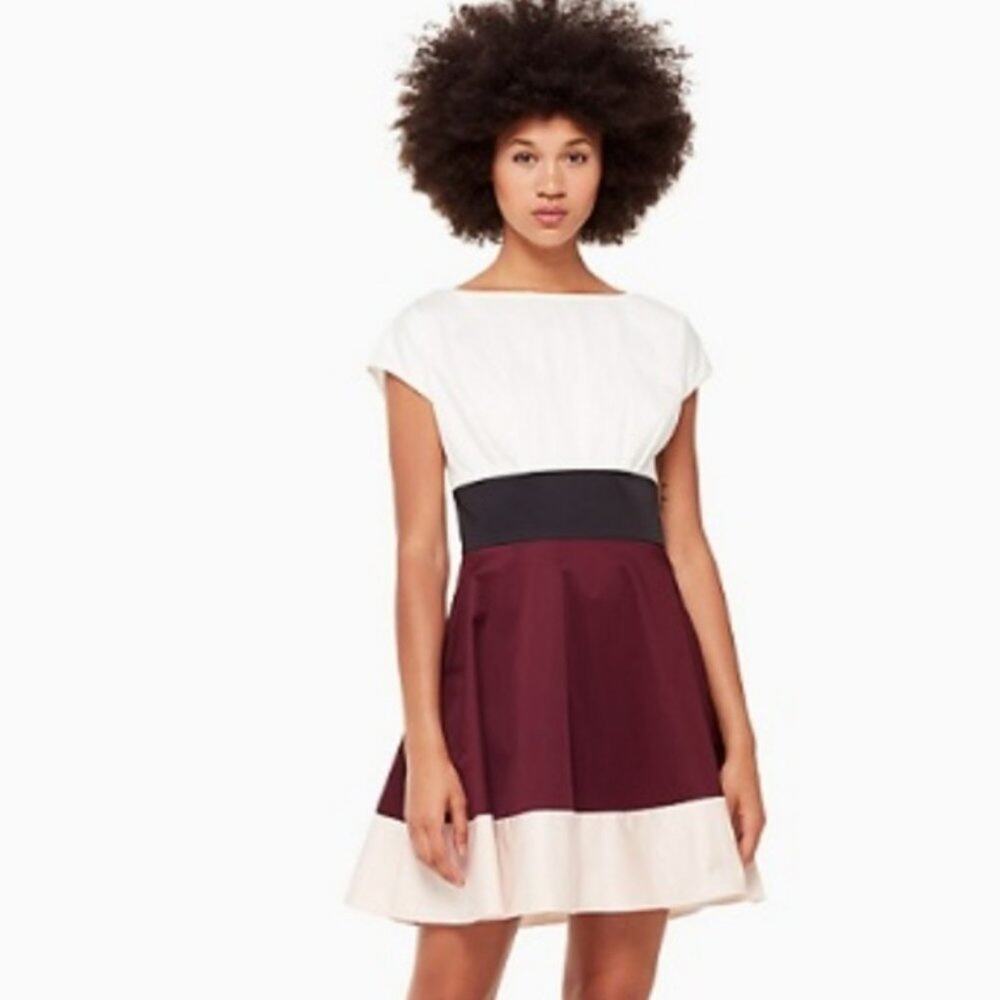 Kate Spade NY Fiorella Dress Maroon Red Pink Black White Fitted Waist Size 0 NWT
